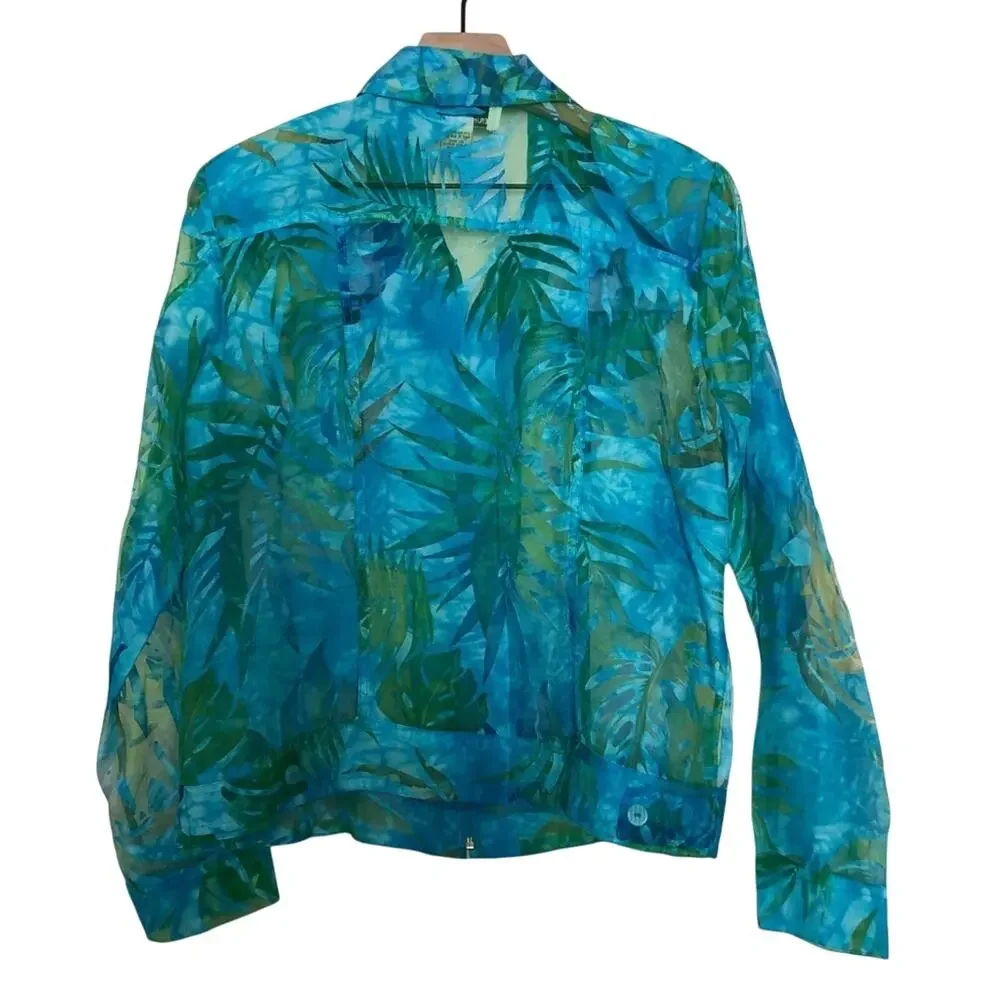 Erin London Tropical Blue Green Zip Up Lightweight Semi-Sheer Jacket Medium